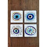 Begoloni Taş Bardak Altlığı Nazar Boncuğu Baskılı Baskılı 4'lü Set - Stone Coasters - 10 x 10 x 1 cm