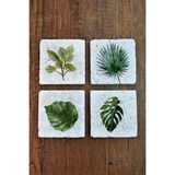Begoloni Yeşil Bitkiler, Yaprak Temalı Doğal Taş Bardak Altlığı - Stone Coasters - 10 x 10 x 1 cm