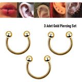 Begonia Accessories 316L Cerrahi Çelik, 10 mm Çap, 3 mm Toplu, 3 Adet Altın Kaplama Septum Piercing Set, Kaş, Dudak, Burun, Kulak Kullanımına Uygundur