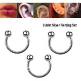 Begonia Accessories 316L Cerrahi Çelik, 10 mm Çap, 3 mm Toplu, 3 Adet Gümüş Kaplama Septum Piercing Set, Kaş, Dudak, Burun, Kulak Kullanımına Uygundur