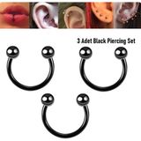 Begonia Accessories 316L Cerrahi Çelik, 10 mm Çap, 3 mm Toplu, 3 Adet Siyah Kaplama Septum Piercing Set, Kaş, Dudak, Burun, Kulak Kullanımına Uygundur