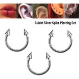 Begonia Accessories 316L Cerrahi Çelik, 10 mm Çap, 3 mm Toplu, 3 Adet Spike Septum Piercing Set, Kaş, Dudak, Burun, Kulak Kullanımına Uygundur - gümüş2