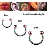 Begonia Accessories 316L Cerrahi Çelik, 6 mm 8 mm 10 mm Çap, 3 mm Toplu, 3 Adet Rainbow Septum Piercing Set, Kaş, Dudak, Burun, Kulak Kullanımına Uygundur - Çok Renkli - 6-8-10mm