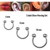 Begonia Accessories 316L Cerrahi Çelik, 6 mm 8 mm 10 mm Çap, 3 mm Toplu, 3 Adet Septum Piercing Set, Kaş, Dudak, Burun, Kulak Kullanımına Uygundur - Gümüş - 6-8-10mm