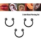 Begonia Accessories 316L Cerrahi Çelik, 6 mm Çap, 3 mm Toplu, 3 Adet Siyah Kaplama Septum Piercing Set, Kaş, Dudak, Burun, Kulak Kullanımına Uygundur
