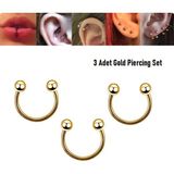 Begonia Accessories 316L Cerrahi Çelik, 8 mm Çap, 3 mm Toplu, 3 Adet Altın Kaplama Septum Piercing Set, Kaş, Dudak, Burun, Kulak Kullanımına Uygundur