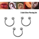 Begonia Accessories 316L Cerrahi Çelik, 8 mm Çap, 3 mm Toplu, 3 Adet Gümüş Kaplama Septum Piercing Set, Kaş, Dudak, Burun, Kulak Kullanımına Uygundur