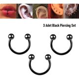 Begonia Accessories 316L Cerrahi Çelik, 8 mm Çap, 3 mm Toplu, 3 Adet Siyah Kaplama Septum Piercing Set, Kaş, Dudak, Burun, Kulak Kullanımına Uygundur
