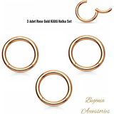 Begonia Accessories Cerrahi Çelik, 10 mm Çap, 3 Adet Rose Gold Kaplama Septum Kilitili Halka Piercing Küpe Set, Kaş, Dudak, Burun, Kulak Kullanımına Uygundur