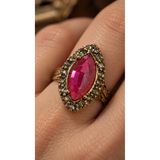 Begora Pembe Cam Taşlı Vintage Ayarlanabilir Bakır Kadın Yüzük, Büyük Taşlı Model