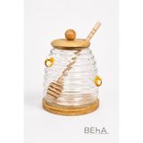 BehaHome Cam Bal Kavanozu 350 ml | Kaşıklı Ahşap Kapaklı Bal Saklama Kabı, Arı Figürlü Şık Sunumluk