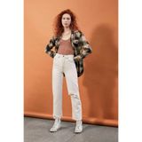 BeHill Be Hill Kadın Ekru Yüksek Bel Diz Yırtıklı Paçası Püsküllü Straight Denim Pantolon