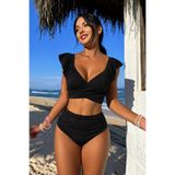 Behills Siyah Fırfırlı Yüksek Bel V Yaka Çapraz Bağlamalı 2 Parça Kadın Bikini Mayo Takımı