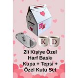 Beige & Stone 2’li Kişiye Özel Harf Baskılı Sevgililer Günü Fincan & Tepsi Hediye Seti Özel Kutusunda - Krem