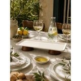 Beige & Stone Dikdörtgen Çift Ahşap Ayaklı Paslanmaz Çelik Sunum Tabağı 33 cm Pasta Meyve Servis Sunum Standı