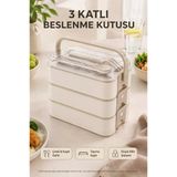 Bej 3 Katlı Beslenme Kutusu Çatal Kaşık Dahil Kilitli Kapaklı Taşıma Saplı Yemek Saklama Kabı Seti
