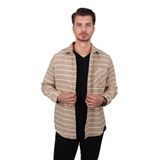 Bej Beyaz Çizgili Oversize Hediye Kutulu Erkek Gömlek L