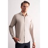 Bej-Beyaz Sert Yaka Çizgili Desen Uzun Kol Slim Fit Esnek Gömlek 1004255176