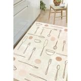 Bej Çatal Kaşık Desenli Baskılı Kaymaz Yıkanabilir Mutfak Halısı Yolluk 100 X 400 Cm Bej