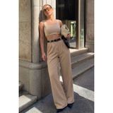 Bej Çift Pileli Kemerli Pantolon Mg2330