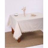 Bej Çizgili Keten Ponponlu Masa Örtüsü - Sütlü Kahve - 100 x 100 cm