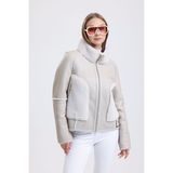 Bej Deri Ceket, Beyaz Kürklü, Dik Yaka, mm Logolu, Şık Deri Ceket - 111622 - 2XL