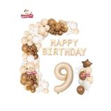Bej Happy Birthday 9 Yaş Folyo Balon Bej Beyaz Kahverengi Konsept Doğum Günü Parti Seti