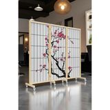 Bej Japon Sakura Ağacı Tekerlekli Ahşap Paravan Seperatör Oda Bölme - 210X180