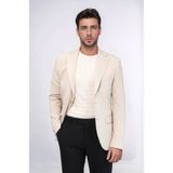 Bej Kendinden Desenli Örme Altın Renk Metal Düğmeli Slim Fit Erkek Blazer Ceket - Wessi - 6 Drop - 58