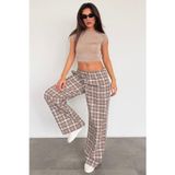 Bej Lastikli Bel Geniş Paça Ekose Pantolon MG2658