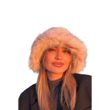 Bej Peluş Bucket Şapka | Üstü Kısa Kenarı Uzun Kürk Tasarım | Premium Kışlık Aksesuar | Faux Fur Headwear