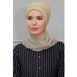 Bej Pratik Hazır Geçmeli Tesettür Bone Fukuro Piliseli Örgülü Şifon Atkılı 1825A_12