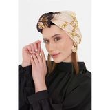 Bej Pratik Hazır Geçmeli Tesettür Bone Kesik Elyaf Retro Desenli 2409_12