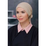 Bej Pratik Hazır Geçmeli Tesettür Bone Sandy Kumaş Pileli Nervürlü Güllü 1806_12