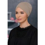 Bej Pratik Hazır Geçmeli Tesettür Bone Sandy Kumaş Taçlı Büzgülü 1208_12