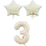 Bej Rakam ve Happy Bırthday Yazılı Yıldız Folyo Balon Seti Yaş 3