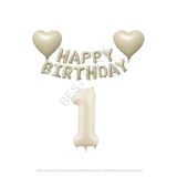 Bej Rengi Happy Bırthday Set Kalp ve Rakam Folyo Balon Seti Yaş 1