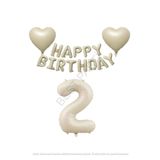 Bej Rengi Happy Bırthday Set Kalp ve Rakam Folyo Balon Seti Yaş 2