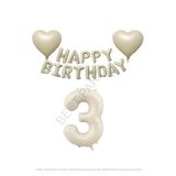 Bej Rengi Happy Bırthday Set Kalp ve Rakam Folyo Balon Seti Yaş 3