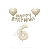 Bej Rengi Happy Bırthday Set Kalp ve Rakam Folyo Balon Seti Yaş 6