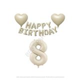 Bej Rengi Happy Bırthday Set Kalp ve Rakam Folyo Balon Seti Yaş 8