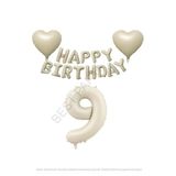 Bej Rengi Happy Bırthday Set Kalp ve Rakam Folyo Balon Seti Yaş 9