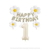 Bej Rengi Happy Bırthday Set rakam ve Papatya Folyo Balon Seti Yaş 1