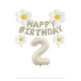Bej Rengi Happy Bırthday Set rakam ve Papatya Folyo Balon Seti Yaş 2