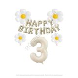 Bej Rengi Happy Bırthday Set rakam ve Papatya Folyo Balon Seti Yaş 3