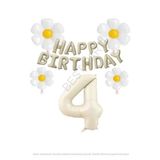 Bej Rengi Happy Bırthday Set rakam ve Papatya Folyo Balon Seti Yaş 4