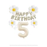 Bej Rengi Happy Bırthday Set rakam ve Papatya Folyo Balon Seti Yaş 5