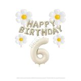 Bej Rengi Happy Bırthday Set rakam ve Papatya Folyo Balon Seti Yaş 6