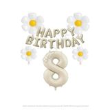 Bej Rengi Happy Bırthday Set rakam ve Papatya Folyo Balon Seti Yaş 8