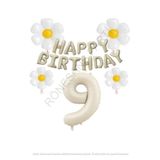 Bej Rengi Happy Bırthday Set rakam ve Papatya Folyo Balon Seti Yaş 9